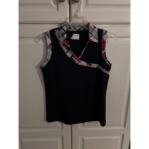 IZOD Golf Sleeveless Polo Shirt Navy Blue Pink Plaid Trim Womens Small